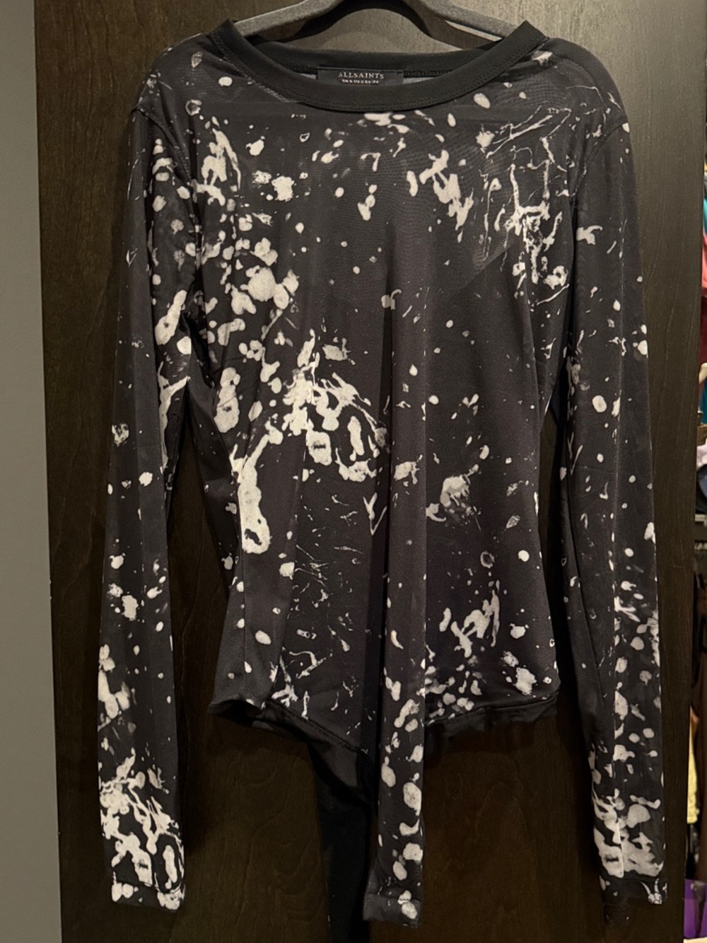 All Saints Black with White Splatter Long Sleeve body suit